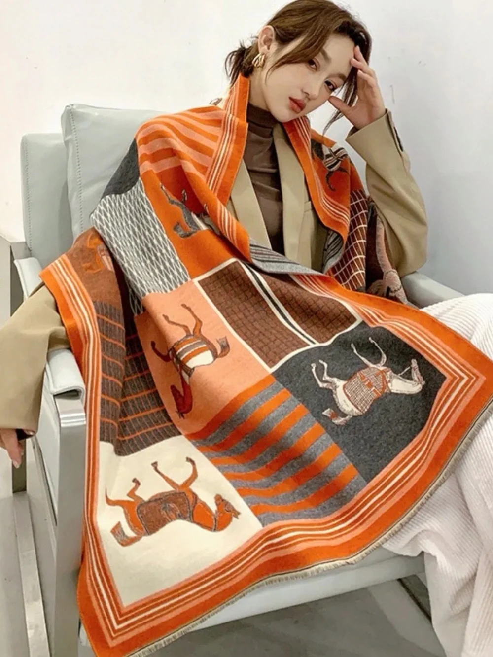Classic Equestrian Orange & Gray Shawl